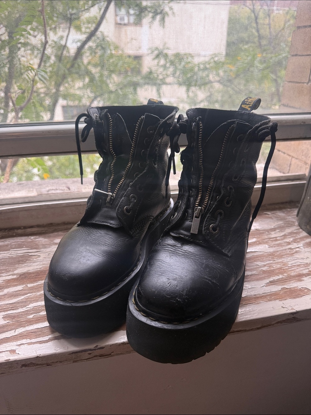 Dr. Martens Black Leather Platform Lace-Up Boots with Zipper